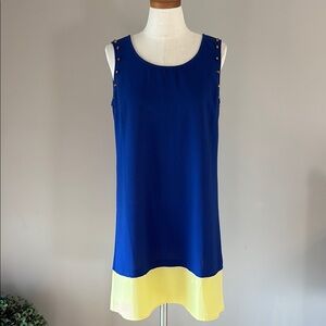 Blu Pepper women’s Blue and lime Yellow Sleeveless Dress studded shoulders Med